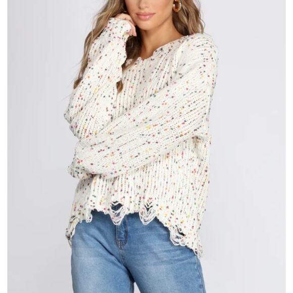 Morgan Claire White & Multicolor Distressed Open Knit Sweater Women's Medium NWT - Picture 1 of 10